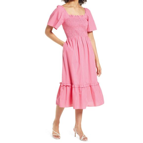 Draper James Deana Smocked Stripe Poplin Midi Dress Medium Pink Modest Milkmaid - Picture 1 of 13